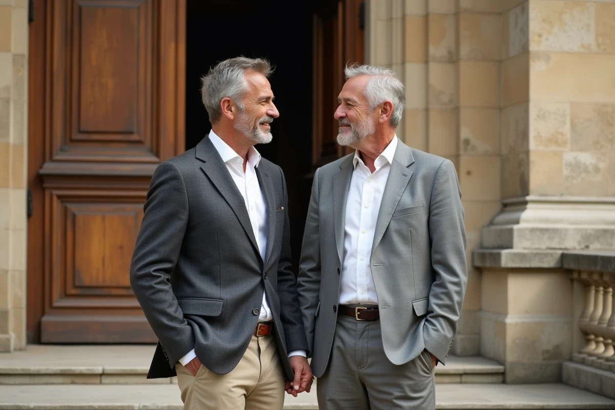 Deux hommes en tenue de cérémonie élégante devant une mairie française en pierre, symbolisant un mariage discret loin des projecteurs médiatiques