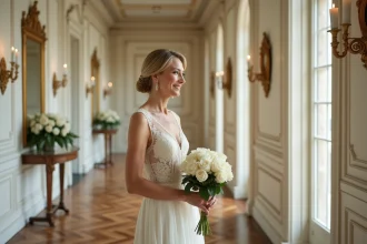 Femme élégante en robe ivoire dans une salle de cérémonie parisienne ornée, tenant un bouquet de roses blanches lors d'un mariage