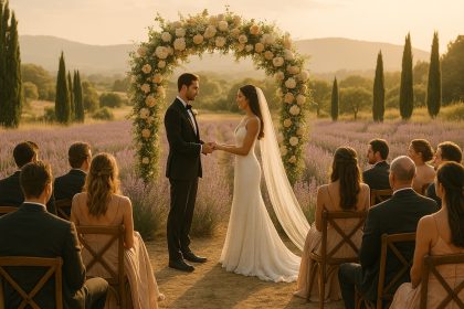 Photo hyperrealiste d'un mariage en Provence avec couple sous arche florale dans un champ de lavande