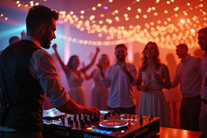 Réception de mariage joyeuse avec DJ et invités dansants
