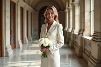 Mariée de plus de 40 ans en robe midi ivoire élégante dans un couloir de mairie parisienne, tenant un bouquet de pivoines blanches
