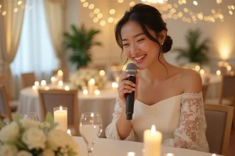 Mariée enregistrant un message audio pour le livre d'or lors d'une réception de mariage élégante