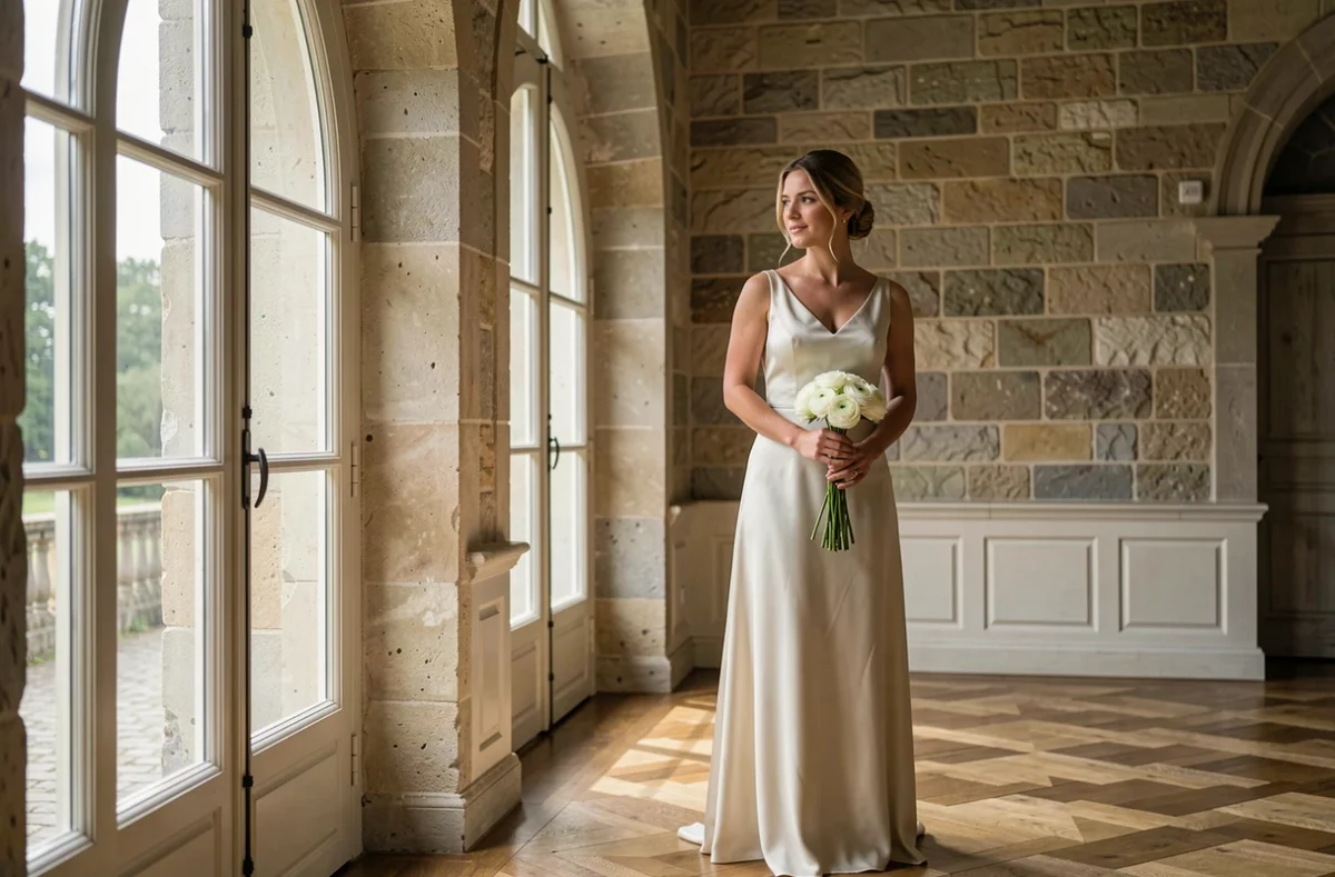 Mariée posant seule près d'une fenêtre en arc dans un manoir en pierre de la région de Châlons-en-Champagne