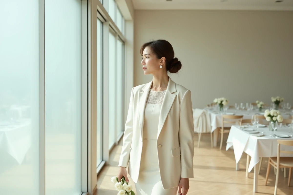 Femme élégante en tenue de mariée minimaliste près d'une fenêtre lors d'une réception sobre