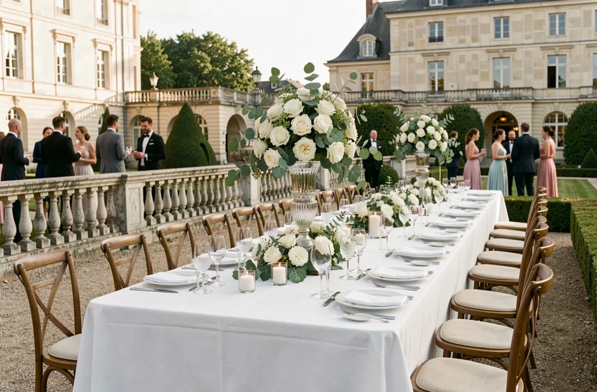 Table de réception de mariage élégante sur la terrasse d'un château en Île-de-France avec nappes en lin blanc, vaisselle fine et compositions florales luxuriantes