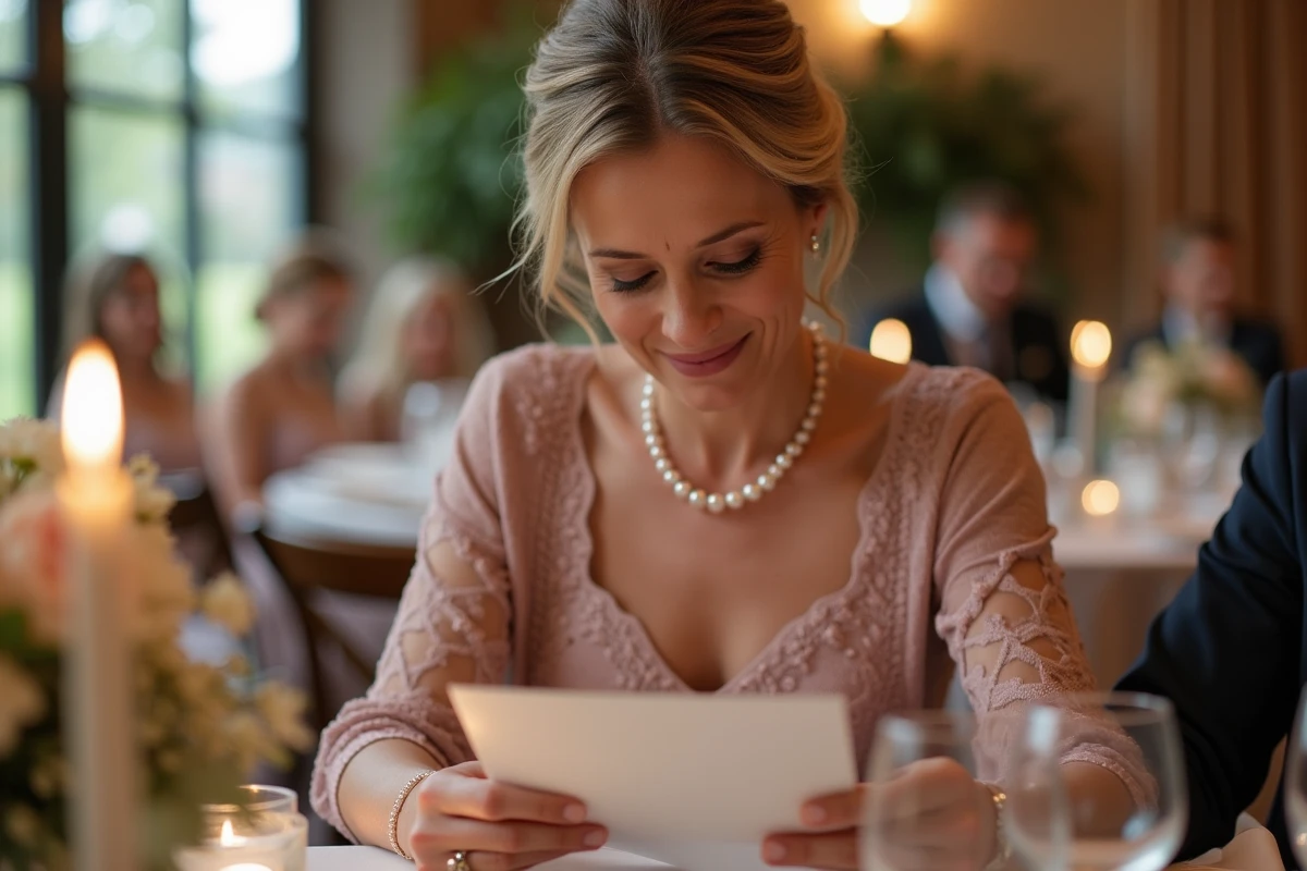 Mère de la mariée lisant un discours touchant depuis une carte lors du banquet de mariage