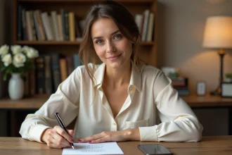 Femme écrivant un message de félicitations pour un mariage à la main sur une carte, assise à un bureau en bois rustique
