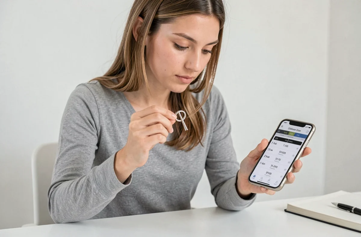 Jeune femme mesurant sa taille de bague à domicile avec un guide de conversion des tailles américaines et françaises sur smartphone