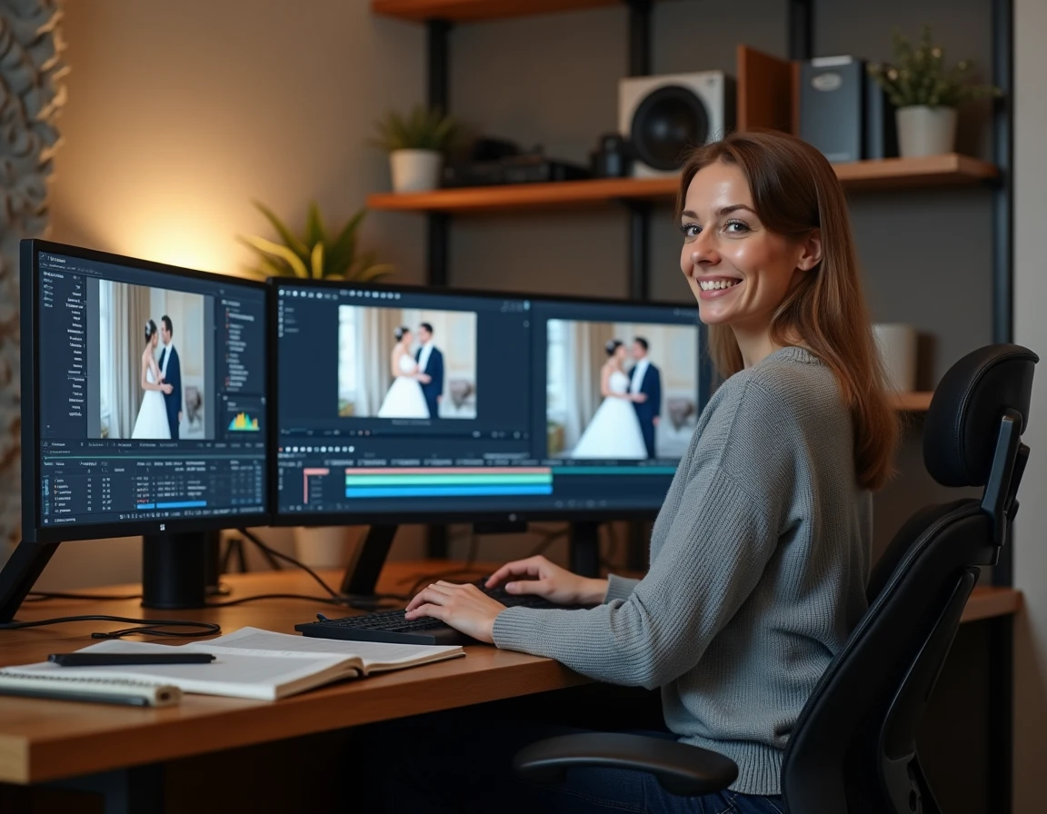 Monteuse professionnelle travaillant sur le montage d'un film de mariage dans un studio d'édition vidéo moderne