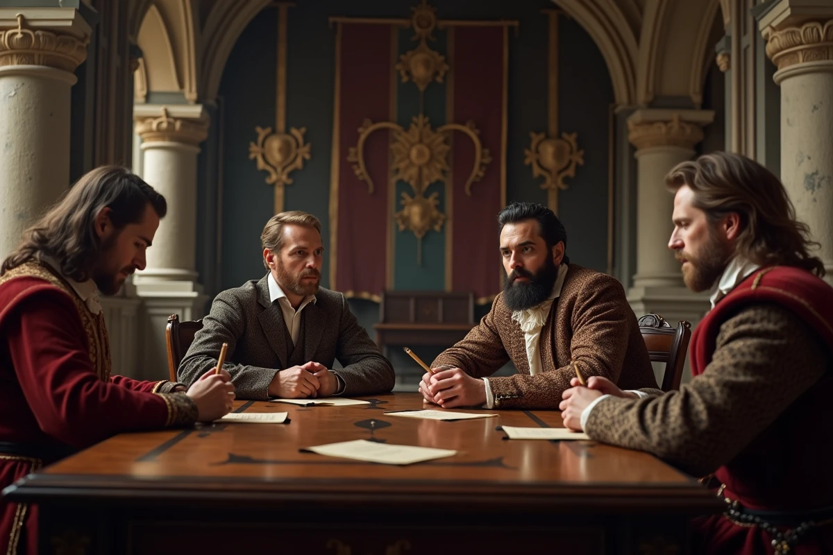 Nobles en discussion dans une grande salle médiévale