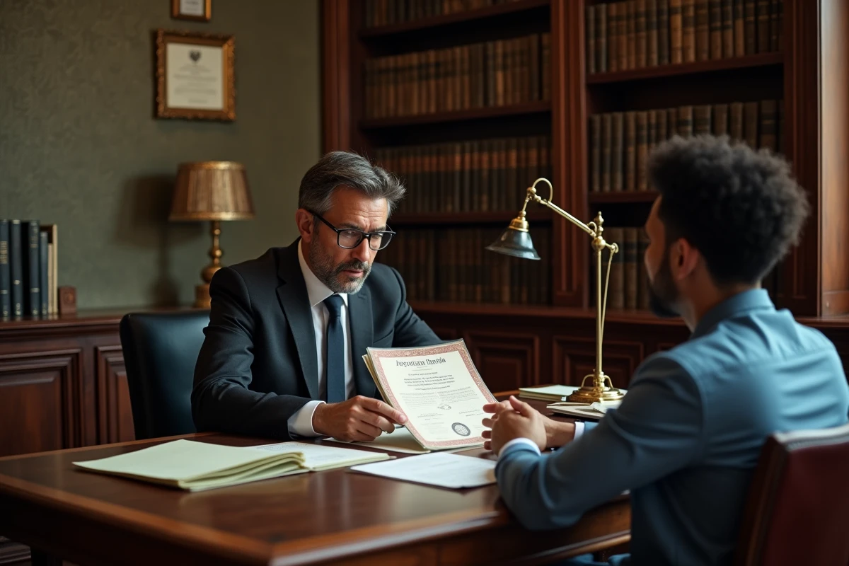 Notaire français remettant un document apostille à un couple étranger dans un cabinet juridique parisien