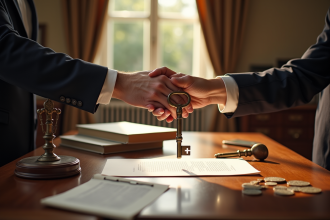 Table de notaire élégante avec échanges de documents et clés