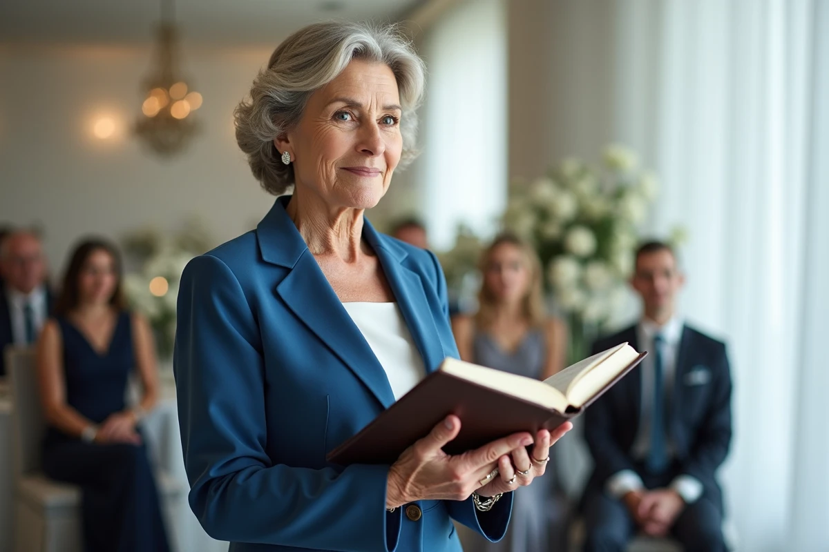 Officiante âgée lisant dans un lieu moderne et élégant