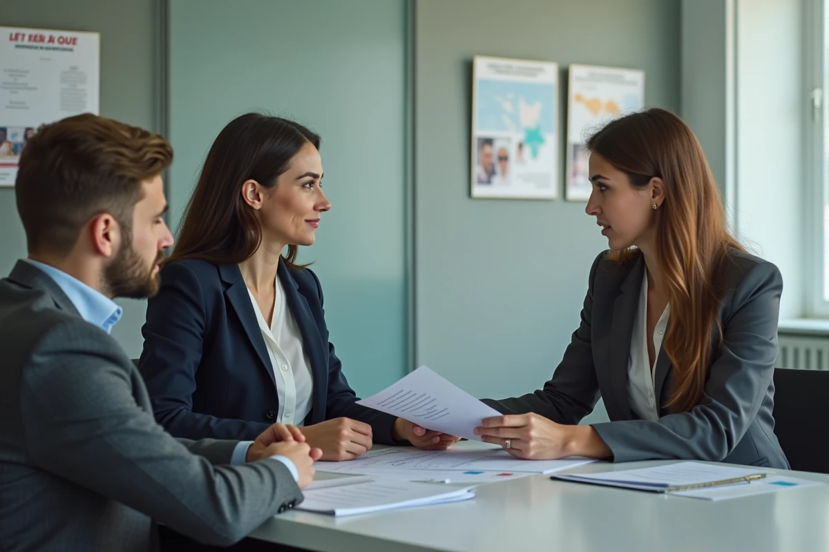 Femme officielle examinant dossier avec couple à la mairie