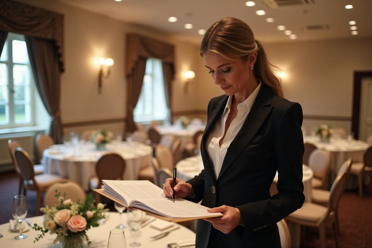 Organisatrice de mariage vérifiant une liste dans la salle