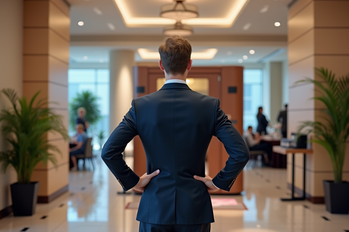 Organisateur en tenue élégante observant le photobooth dans un hall