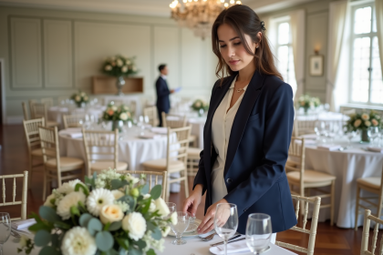 Jeune organisatrice de mariage arrangeant des fleurs
