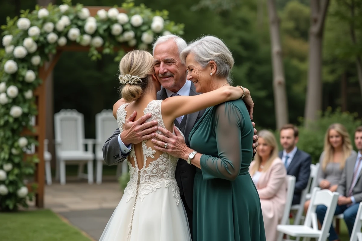 Parents de la mariée partageant un moment émouvant avec leur fille en robe de mariée dans un jardin avant le discours