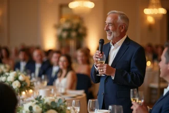 Père de la mariée prononçant un discours émouvant lors de la réception de mariage, verre de champagne à la main