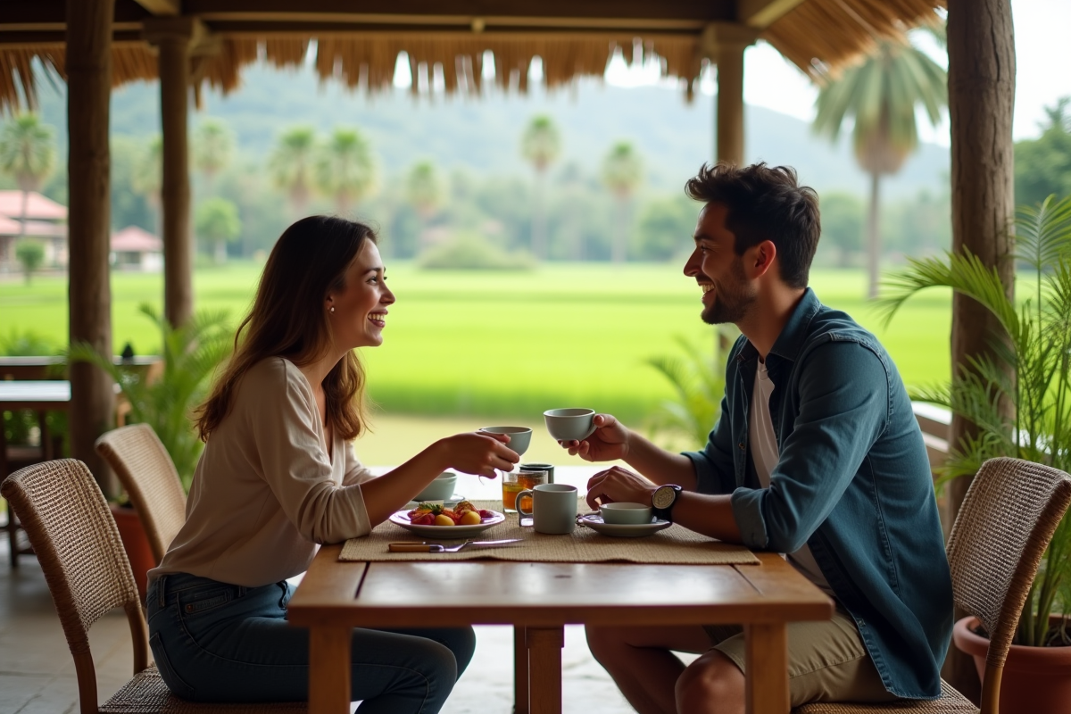 Jeune couple partageant petit déjeuner dans un café tropical
