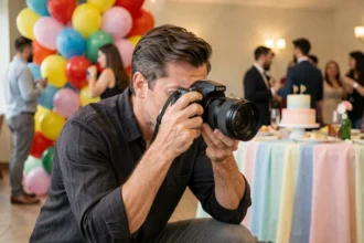 Photographe professionnel en action lors d'un anniversaire, tenant un appareil photo mirrorless dans une salle décorée de ballons colorés