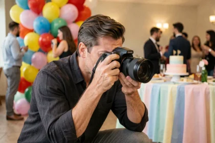 Photographe professionnel en action lors d'un anniversaire, tenant un appareil photo mirrorless dans une salle décorée de ballons colorés
