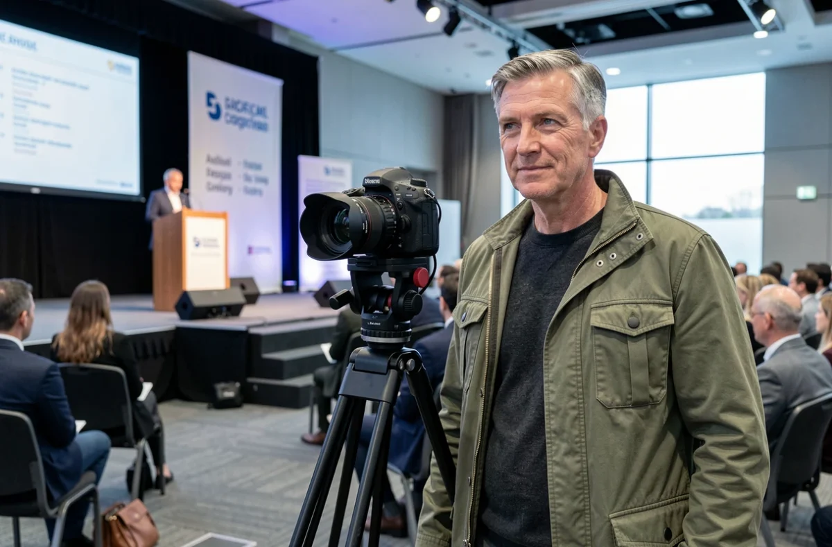 Photographe professionnel installant son équipement sur trépied lors d'une conférence d'entreprise dans un centre de congrès moderne aux Mureaux