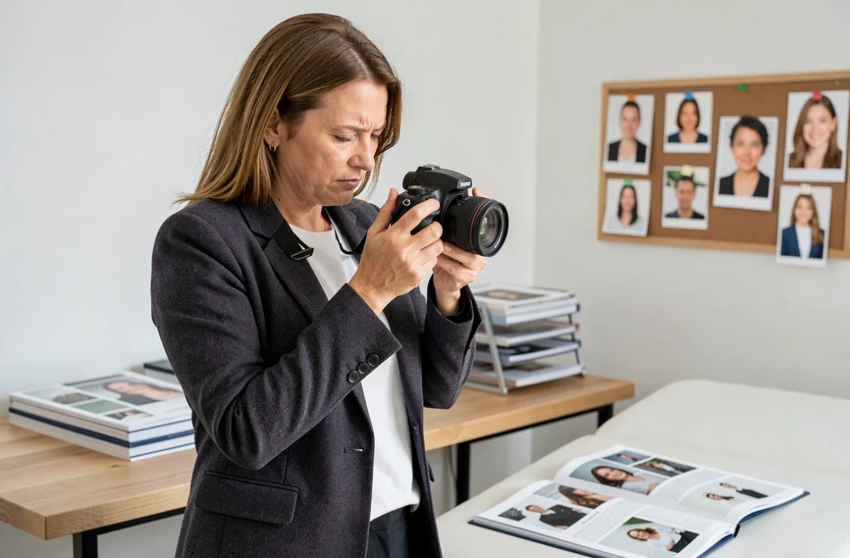 Photographe professionnelle féminine consultant son portfolio dans un studio moderne, aidant les clients à choisir le bon prestataire