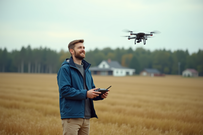 Photographe homme avec drone dans un champ rural
