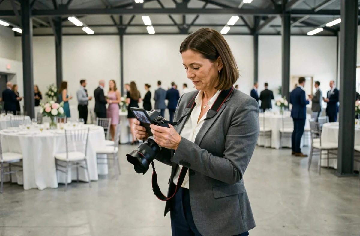 Photographe événementielle féminine consultant ses prises de vue dans une salle de réception moderne lors d'un événement aux Mureaux