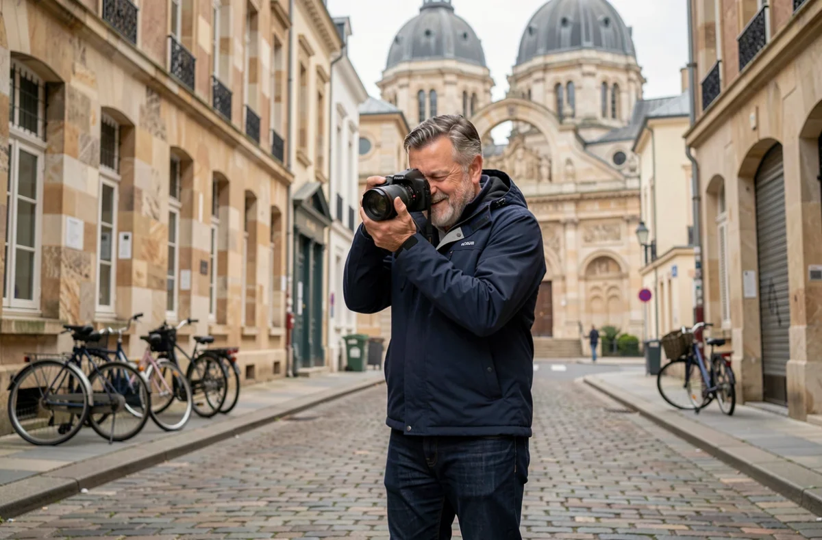 Photographe professionnel en séance extérieure devant la Basilique de Saint-Denis
