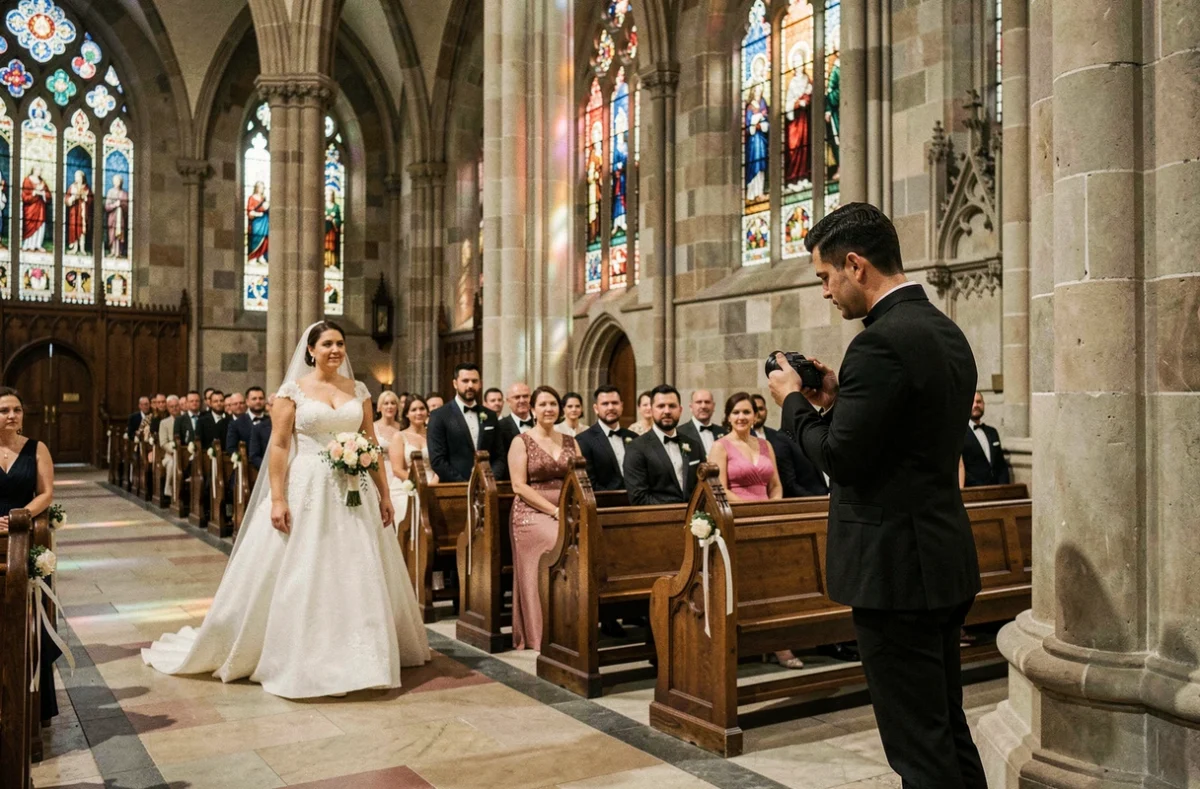 Photographe de mariage discret capturant l'entrée de la mariée dans une cathédrale lors de la cérémonie religieuse