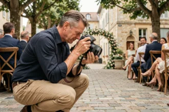 Photographe professionnel en action lors d'un mariage en plein air aux Mureaux, capturant la cérémonie dans une place pavée avec des bâtiments en pierre