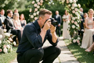Photographe professionnel en action lors d'une cérémonie de mariage en extérieur, cadrant une scène romantique dans un jardin fleuri