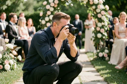 Photographe professionnel en action lors d'une cérémonie de mariage en extérieur, cadrant une scène romantique dans un jardin fleuri