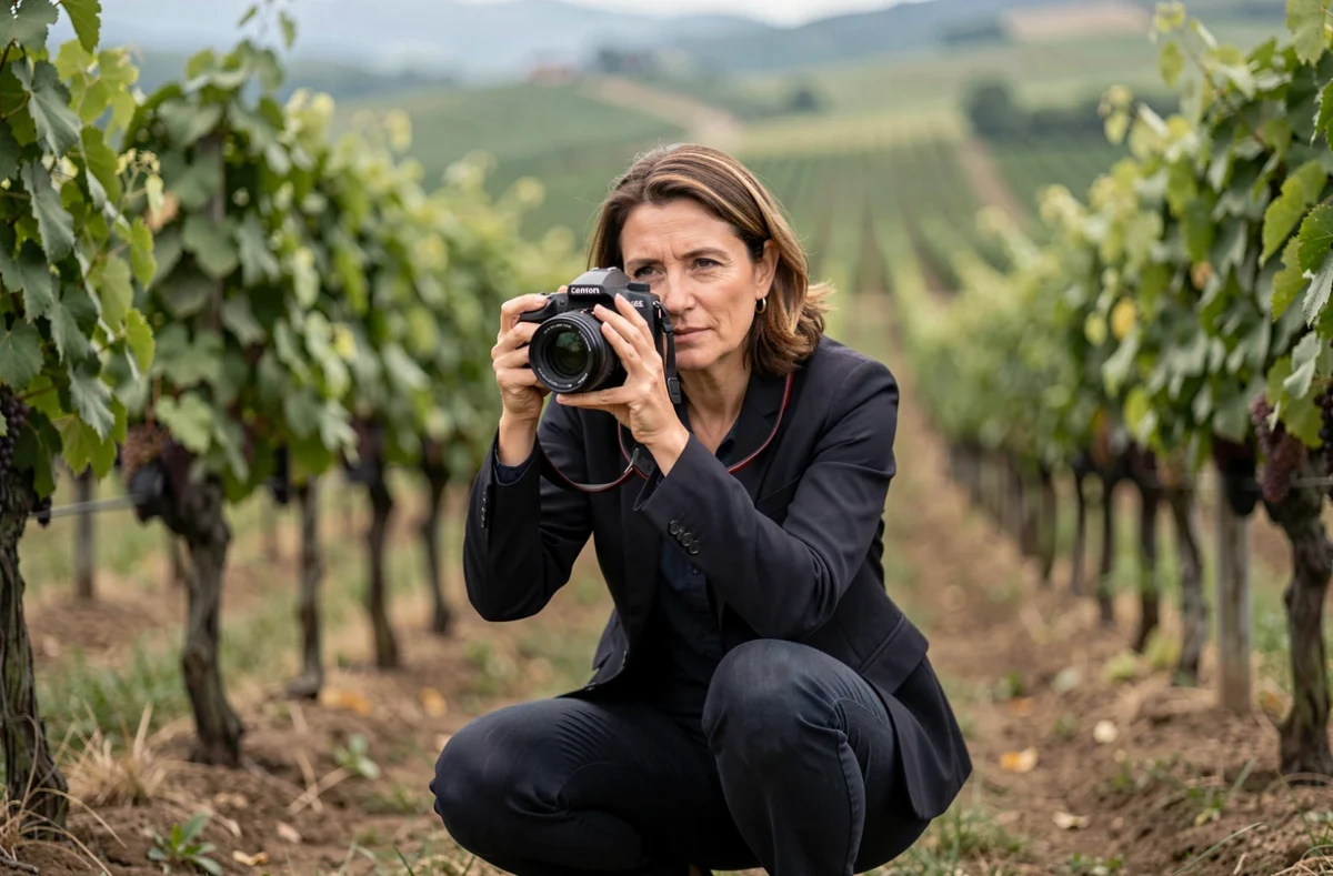 Photographe de mariage professionnelle en action dans un vignoble champenois près de Châlons-en-Champagne