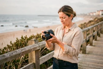 Photographe professionnelle consultant ses photos sur son appareil photo face à la plage d'Anglet