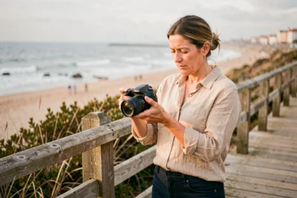Photographe professionnelle consultant ses photos sur son appareil photo face à la plage d'Anglet