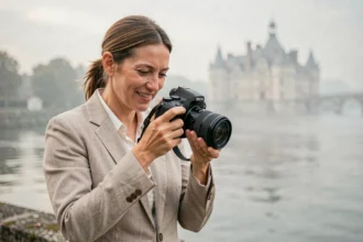 Photographe professionnelle tenant un appareil photo reflex devant les bords de Loire à Saumur avec le château en arrière-plan