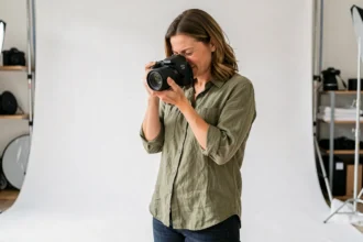 Photographe professionnelle femme ajustant son appareil photo dans un studio moderne à La Verpillière