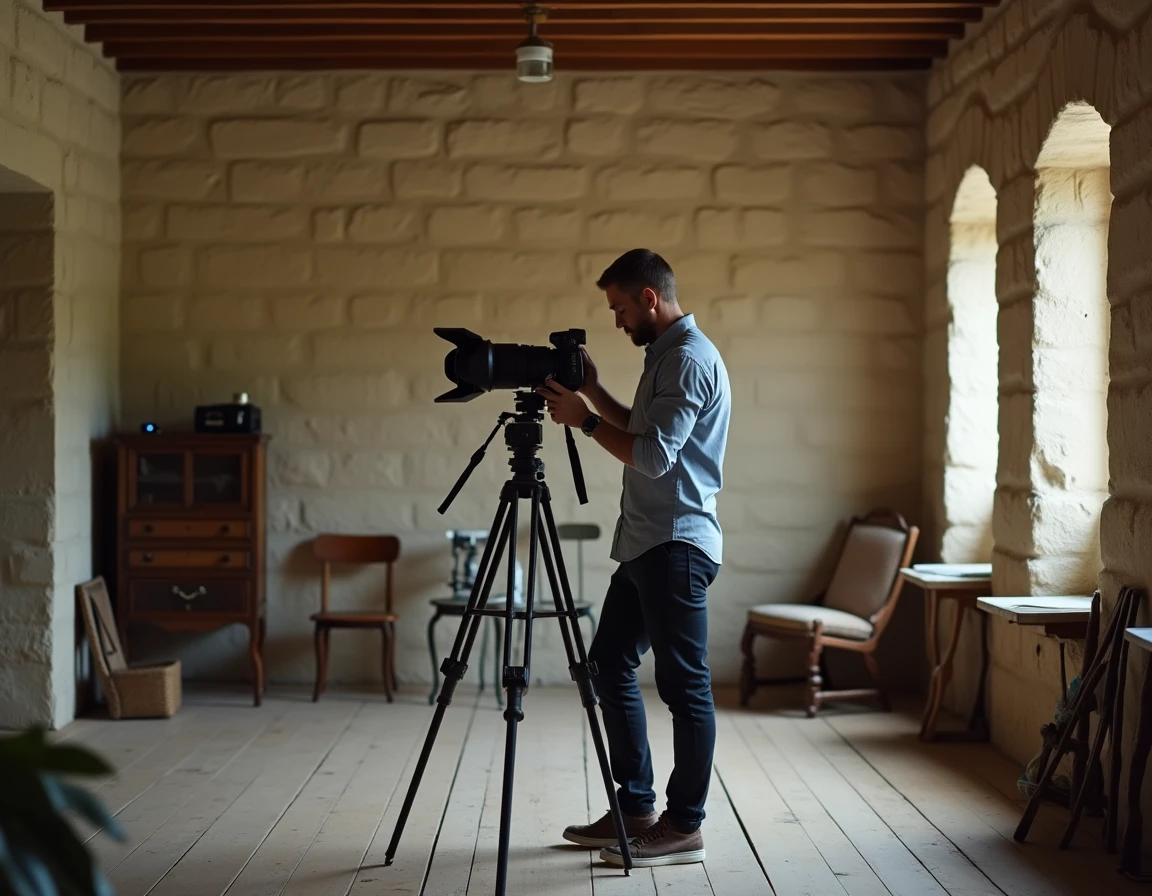 Photographe installant son trépied dans un studio en pierre de tuffeau typique de Saumur pour une séance photo professionnelle