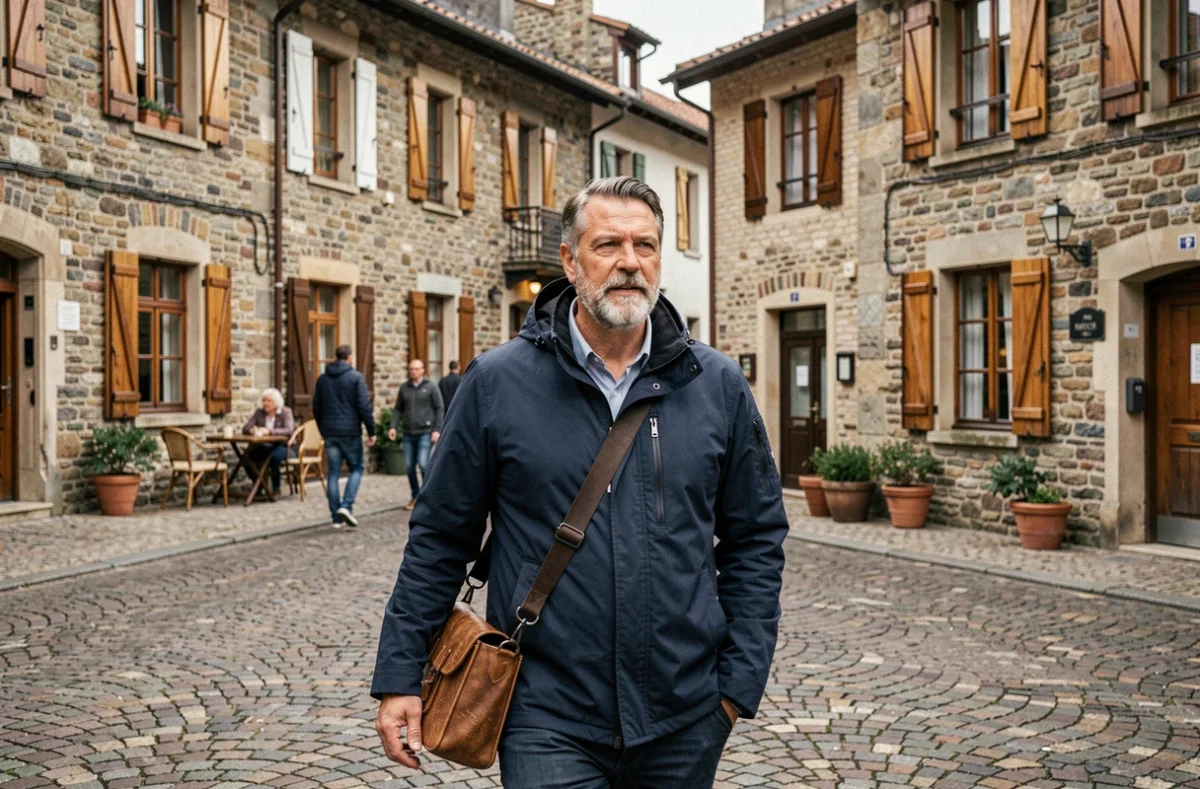 Photographe homme marchant dans une place de village typique de la région Isère avec son matériel photo