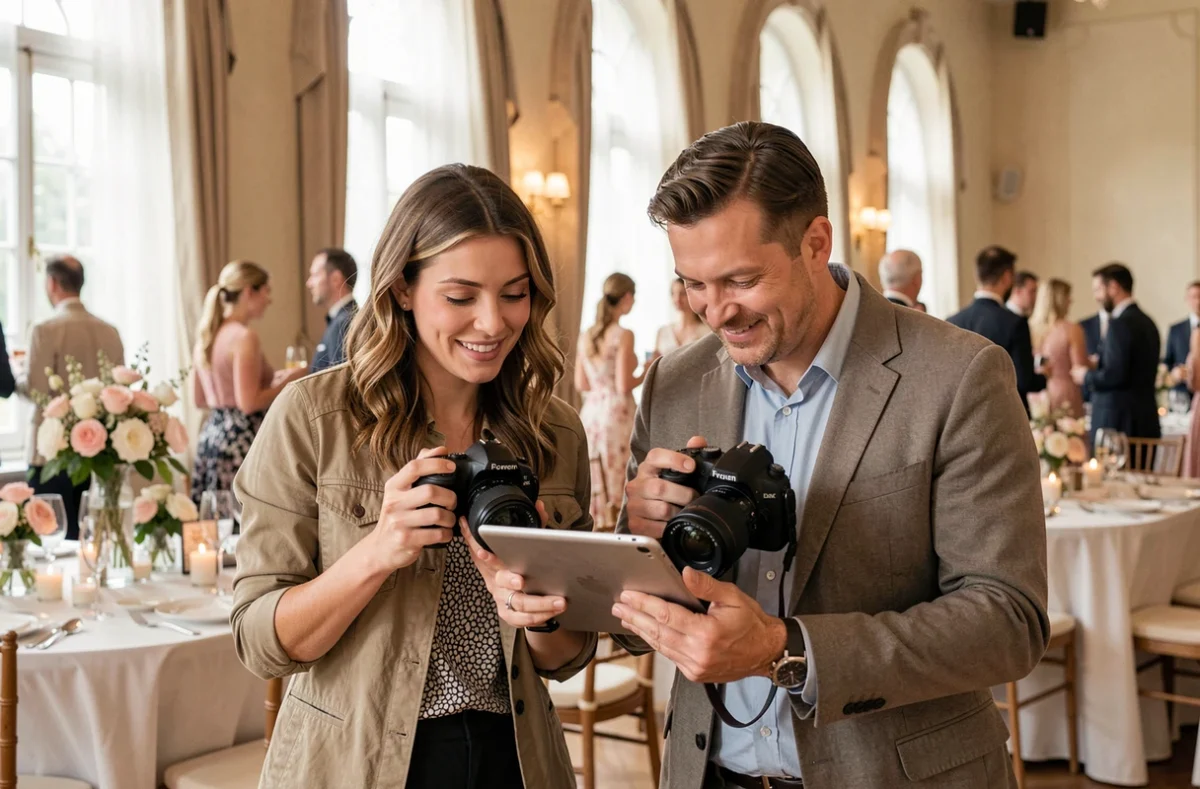 Duo de photographes professionnels lors d'une séance de mariage dans une salle des fêtes à Saint-Denis