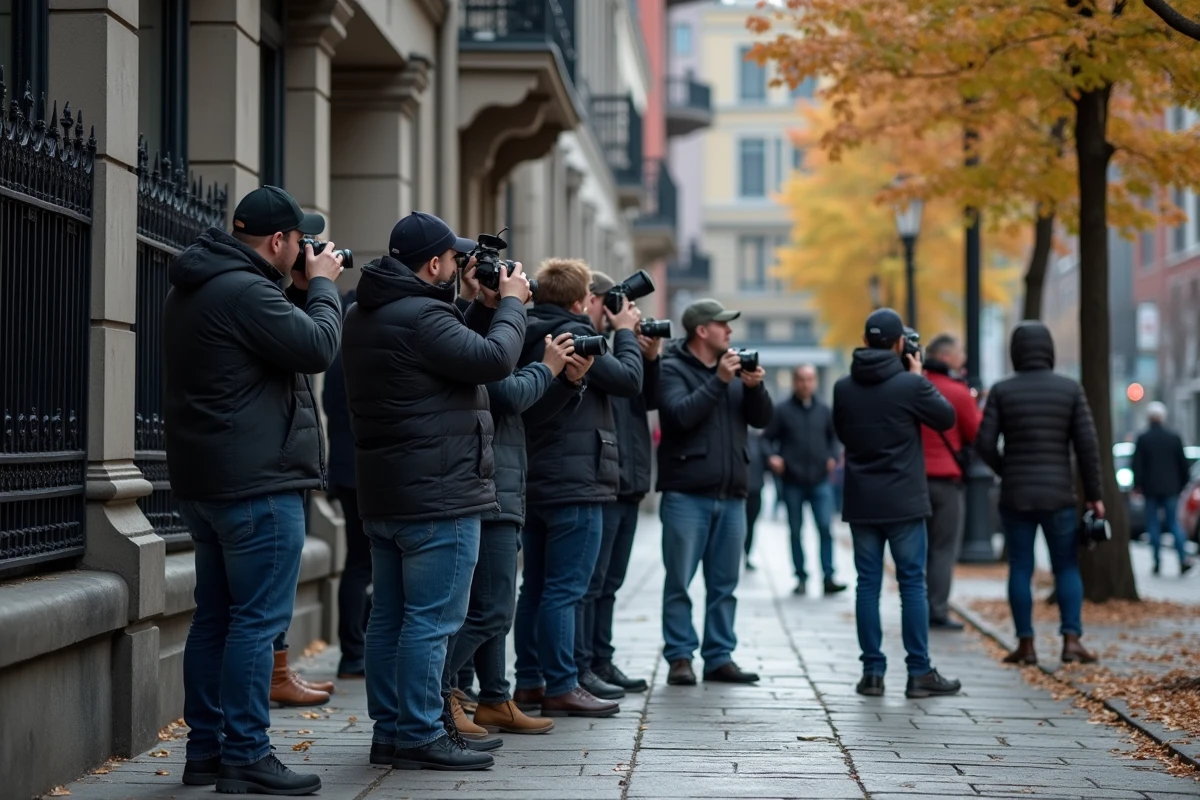 Photographes de presse devant un bâtiment patrimonial à Montréal lors d'un événement médiatique