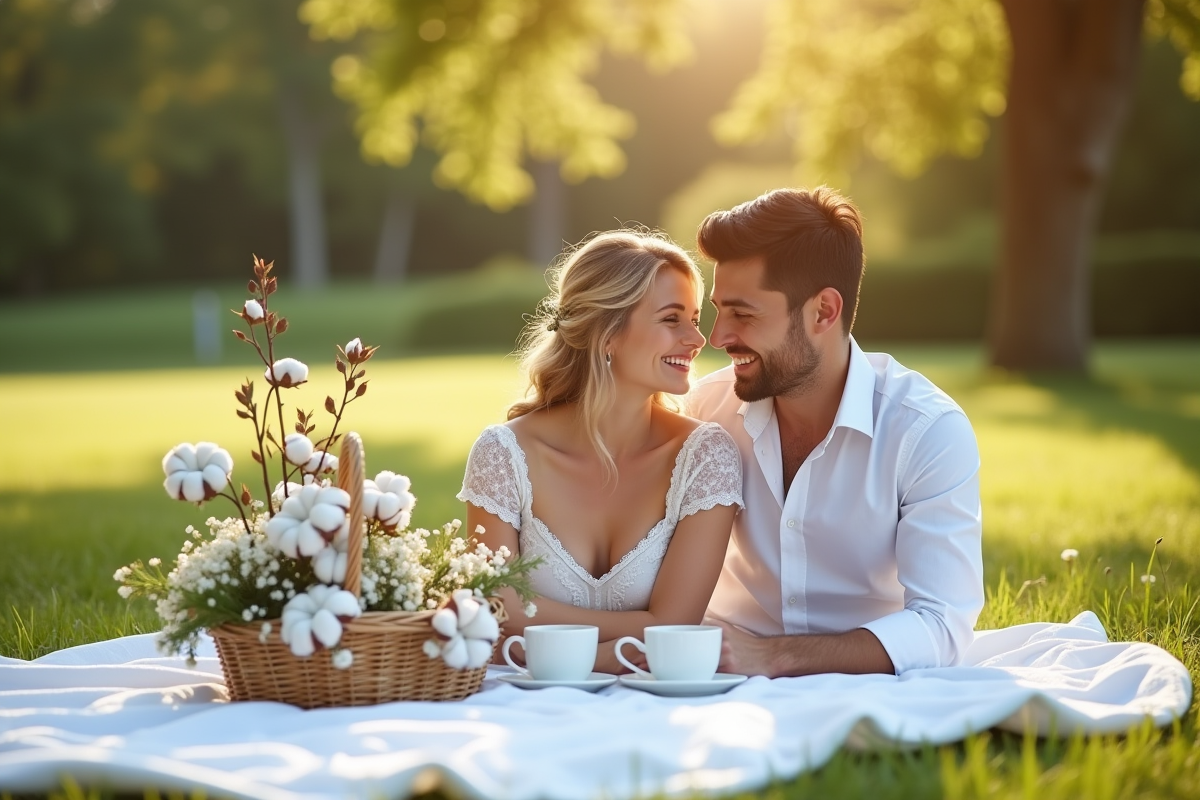 Pique-nique romantique avec coton dans un parc ensoleille