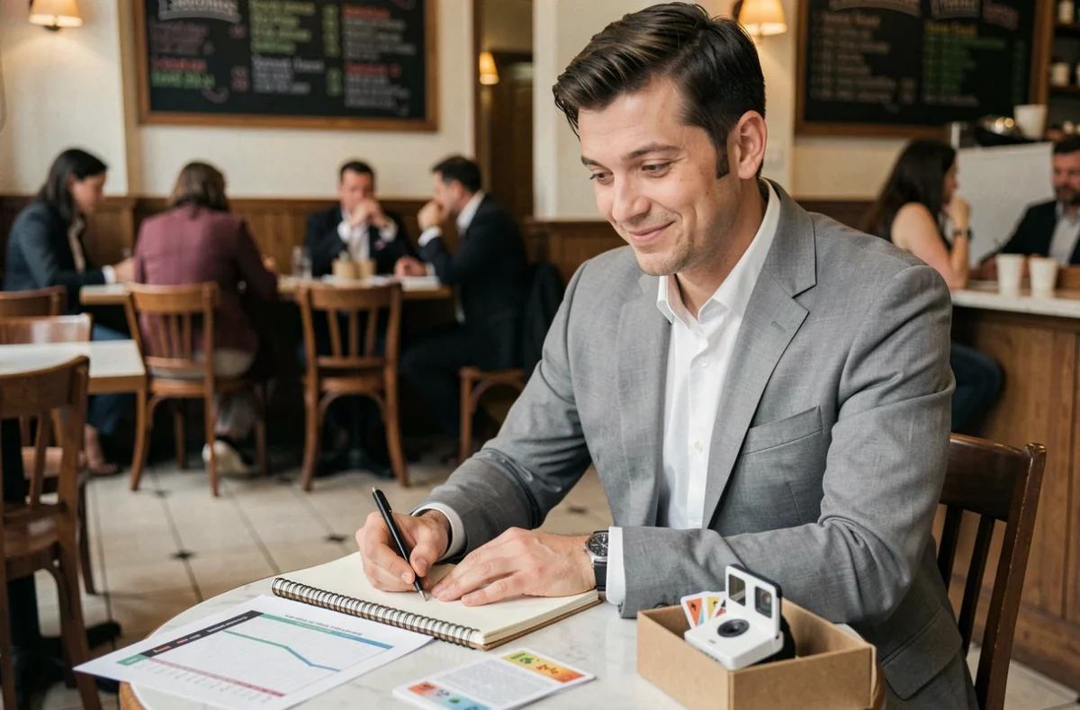 Homme en costume gris planifiant une animation de témoin de mariage économique avec des jeux papier et un appareil polaroid dans un café