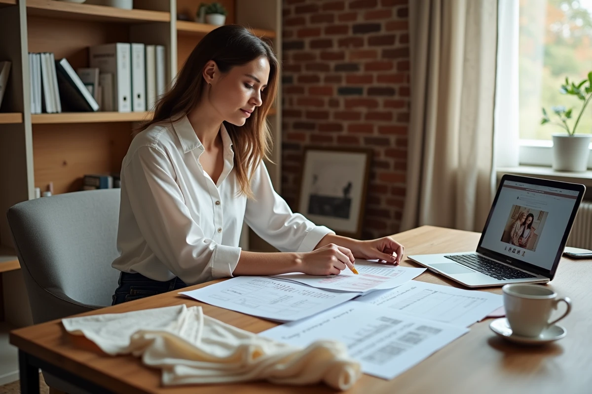 Femme planifiant le budget de sa robe de mariée avec des magazines et des notes manuscrites sur un bureau en bois