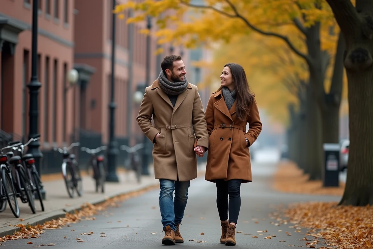 Couple main dans la main dans une rue urbaine automnale
