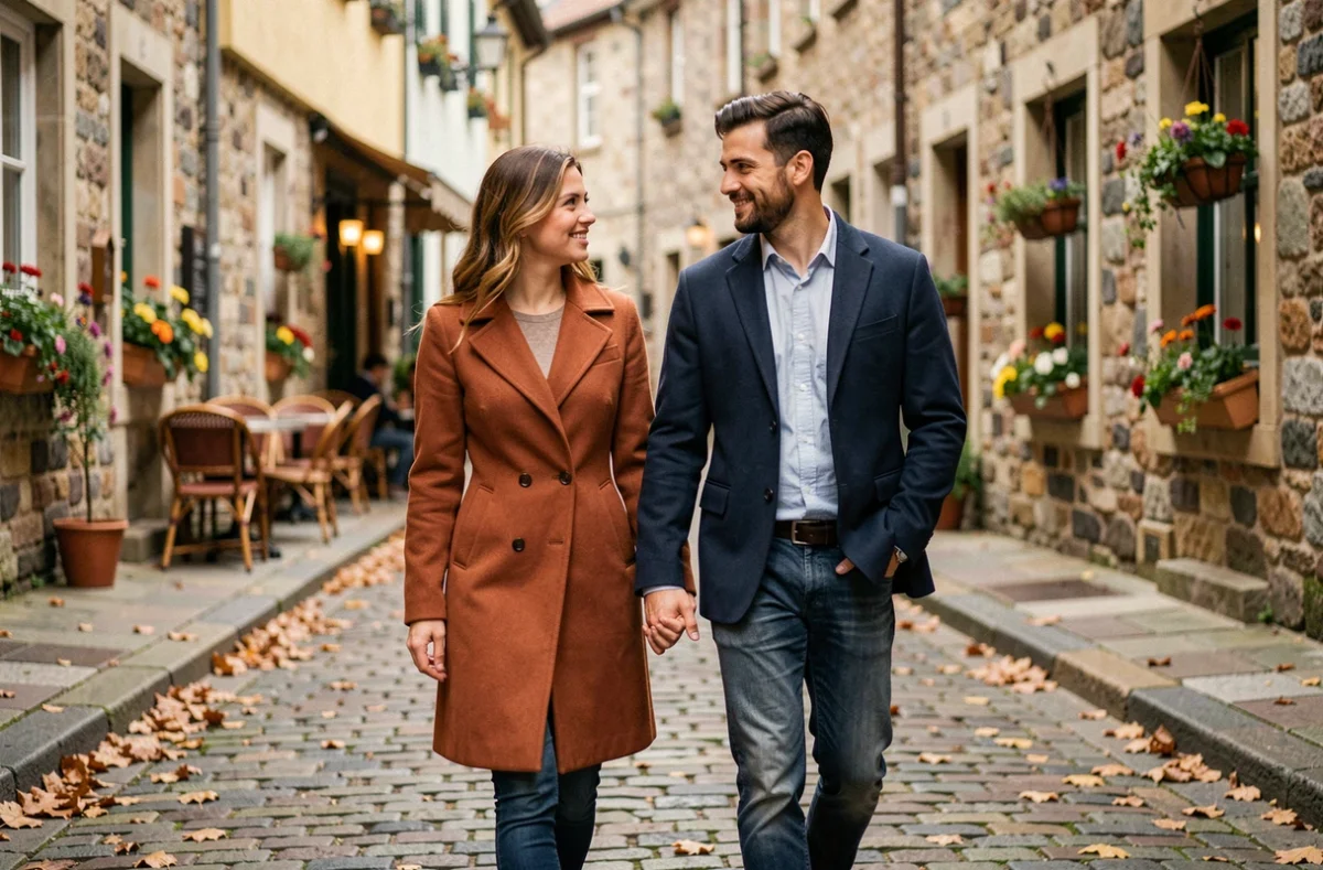 Couple marié se promenant dans une rue pavée en automne pour célébrer leur tradition des deux mois de mariage