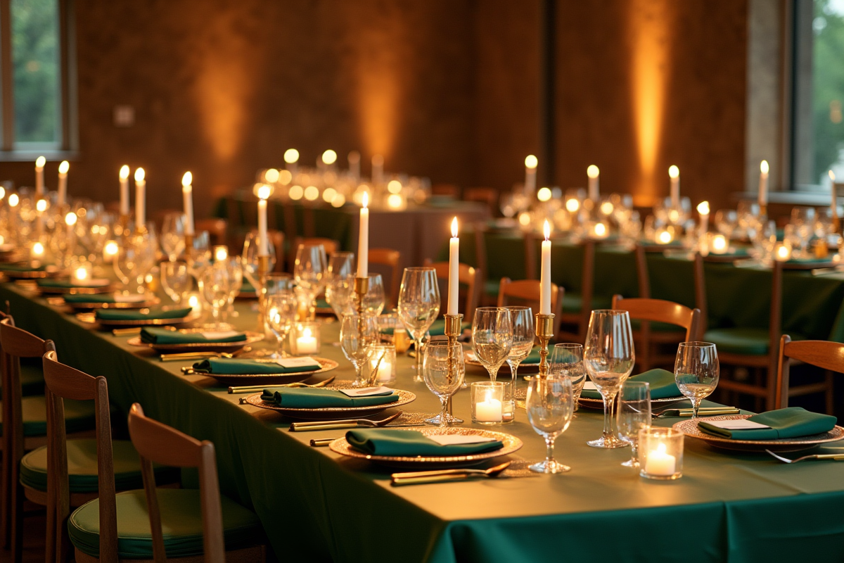 Réception de mariage intérieur avec décoration dorée et vert émeraude